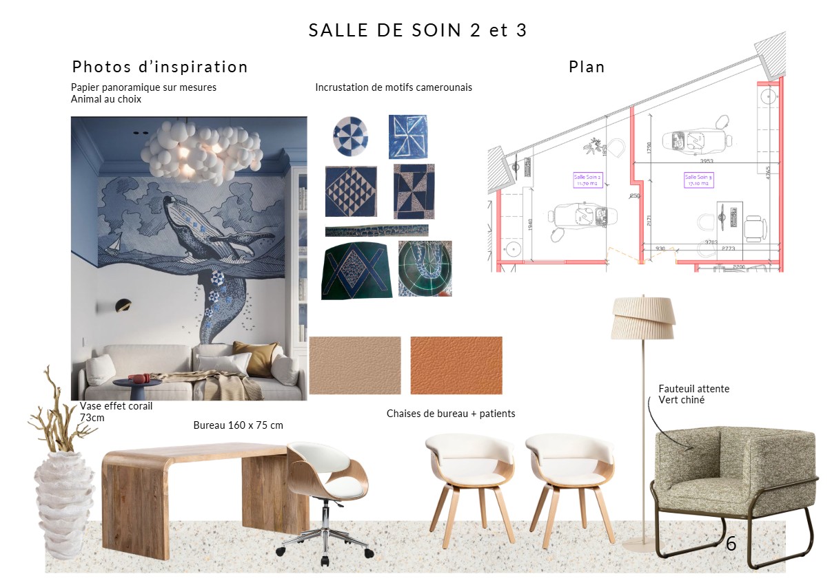 Salles de soin 2 & 3 — papier panoramique sur mesure, motifs camerounais, bureau bois et fauteuil vert chiné