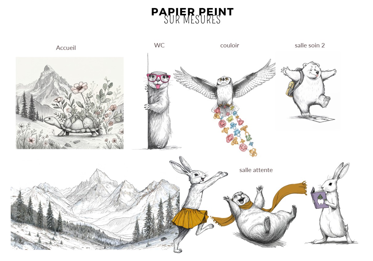 Planche papier peint sur mesure — accueil, WC, couloir, salle d'attente et salles de soin