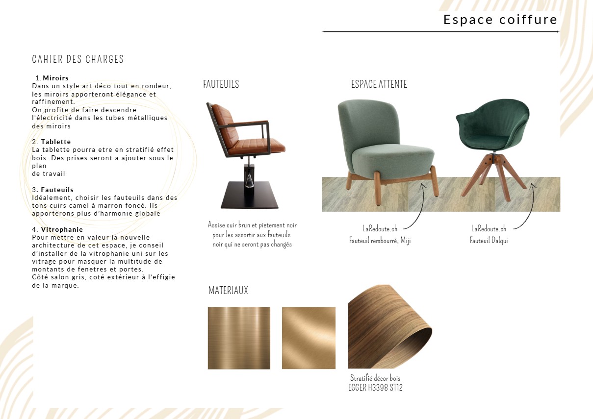 Espace coiffure — miroirs art déco, fauteuils cuir camel et espace d'attente en velours vert