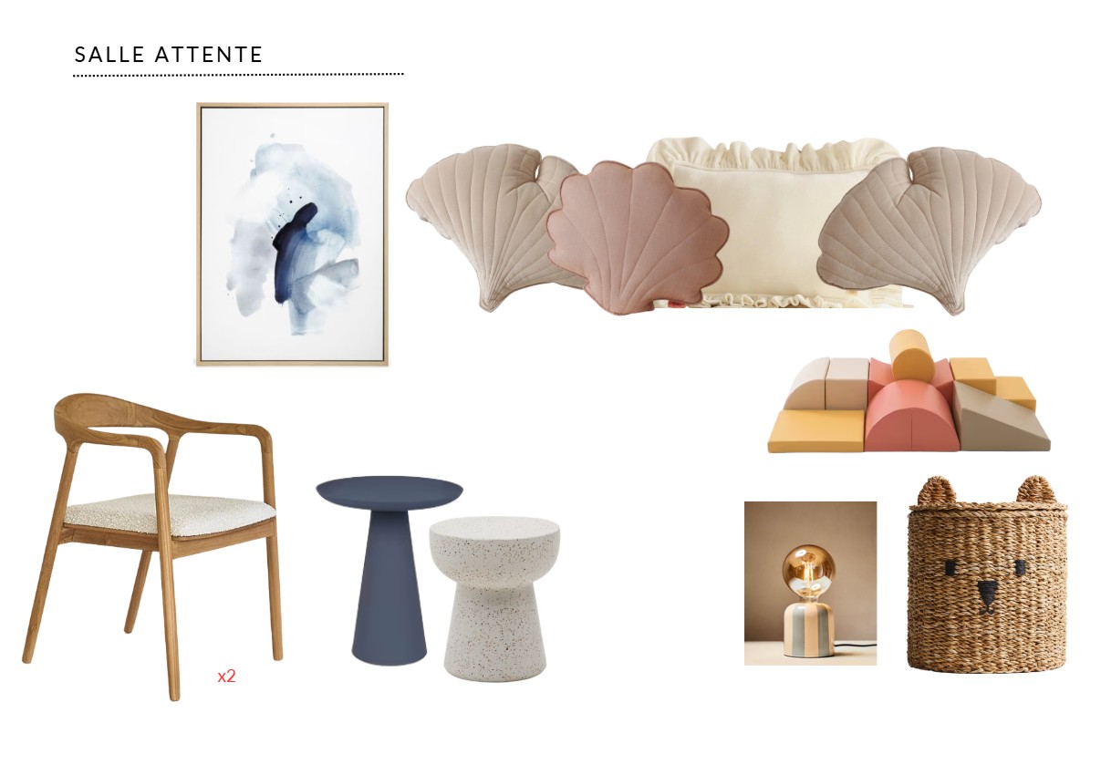 Salle d'attente — planche d'ambiance : fauteuils bois bouclé, coussins coquillages, tables d'appoint bleu et terrazzo