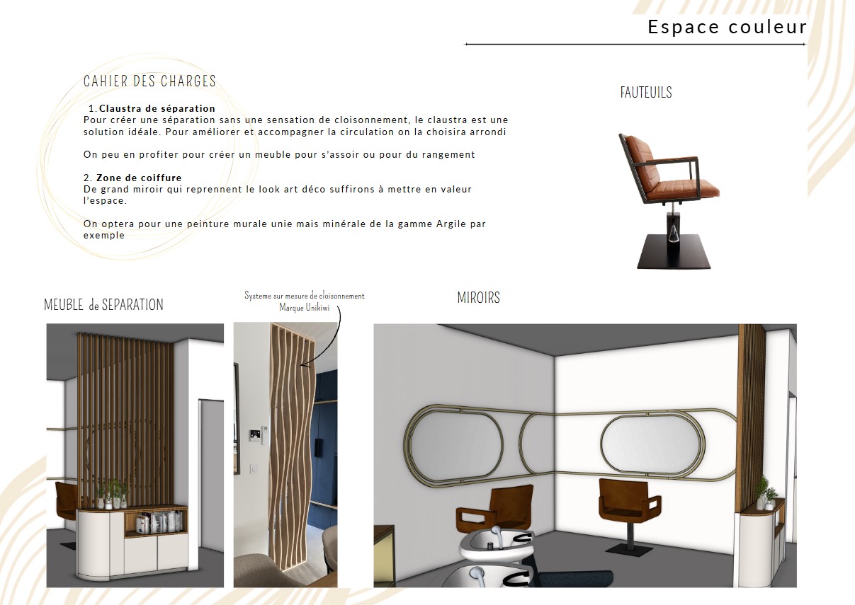 Espace couleur — claustra bois arrondi sur mesure, meuble séparation et grands miroirs ovales en laiton