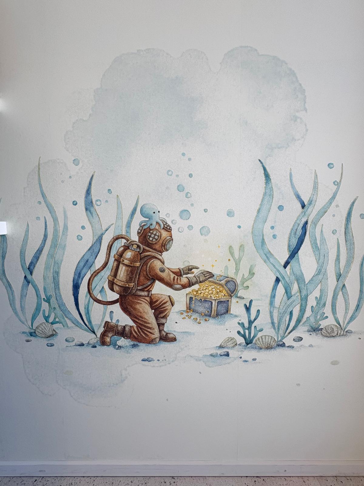 Fresque murale — scaphandrier vintage et coffre au trésor dans un décor d'algues aquarelle