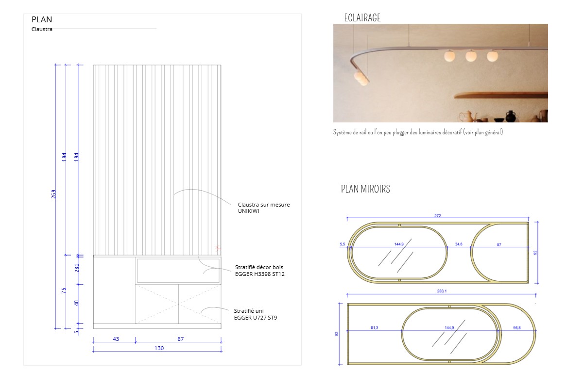 Plans techniques — claustra sur mesure et miroirs art déco