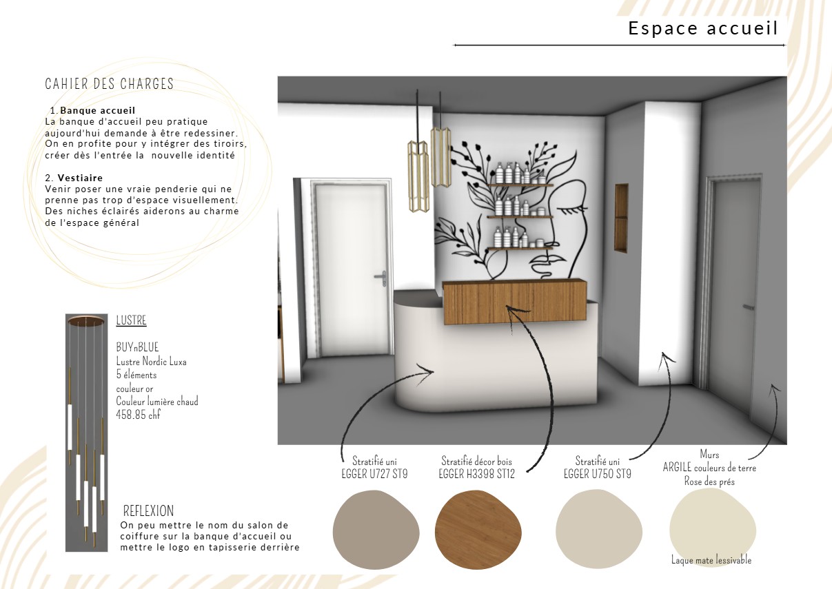 Espace accueil — banque d'accueil bois cintré, lustre laiton et fresque végétale