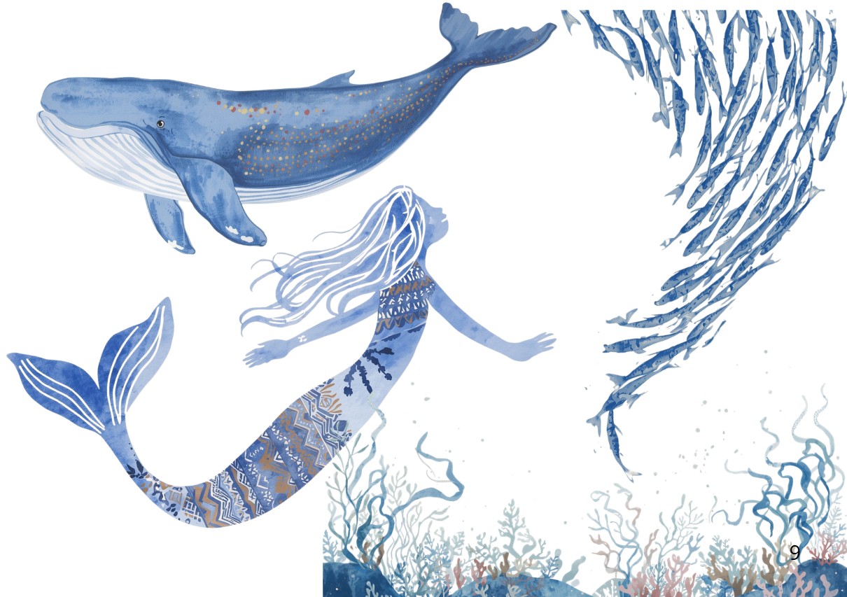 Illustration aquarelle — baleine, sirène et banc de poissons, fil conducteur graphique du cabinet