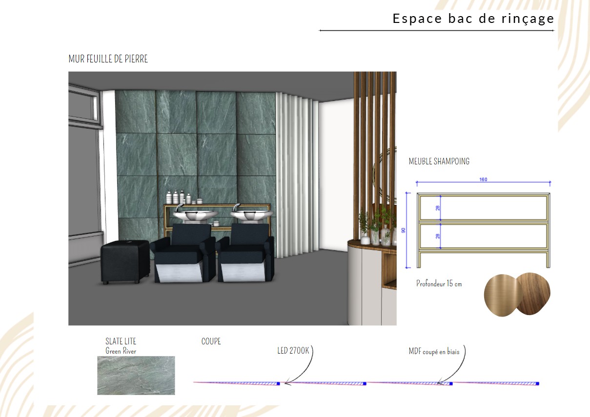 Espace bac de rinçage — mur en feuille de pierre Slate Lite Green River et meuble shampoing laiton