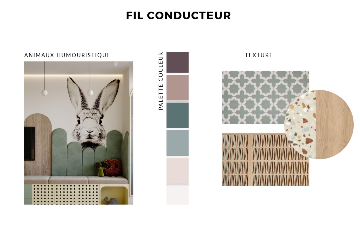 Fil conducteur — animaux humoristiques, palette pastel et textures terrazzo / bois / cannage